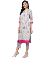 Ahalyaa Women Grey Chanderi Silk Printed Kurta Pant Set