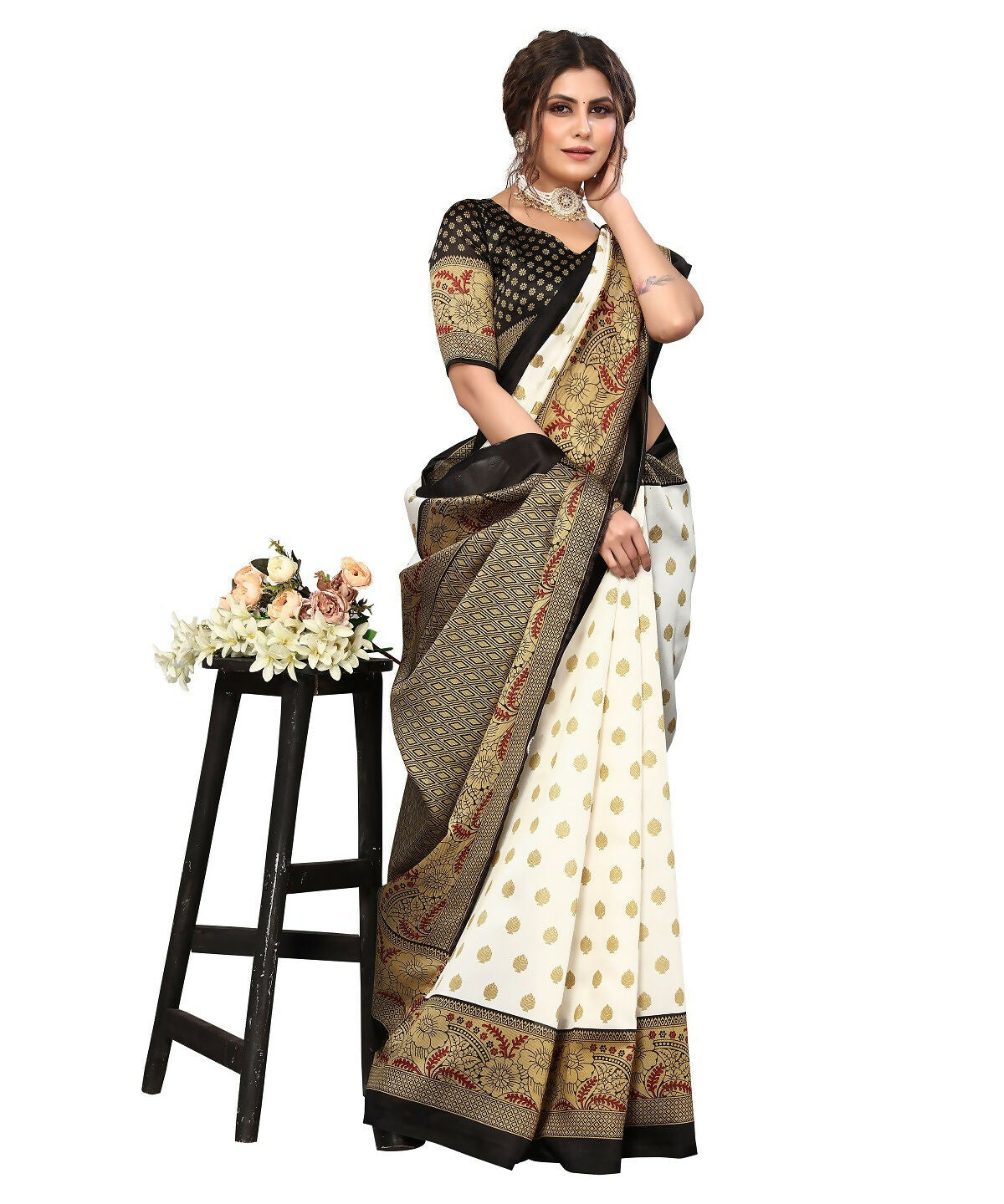 Vamika white & black Printed Art Silk Saree