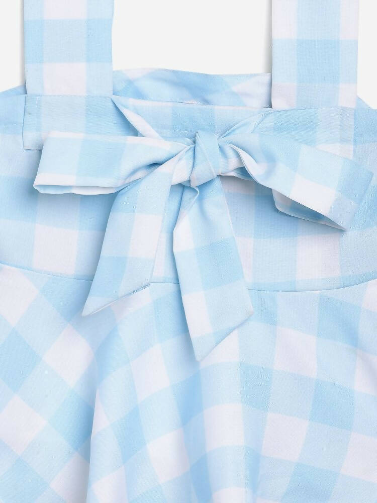 Ahalyaa Sky Blue Rayon Checked Kids Top With Skirts For Girls