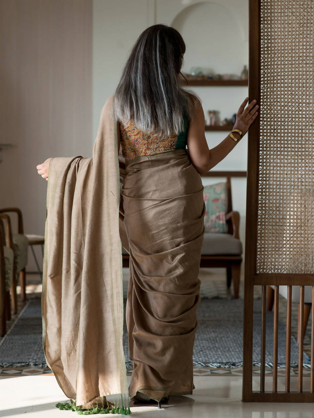 Suta Taupe Solid Cotton Blend Saree