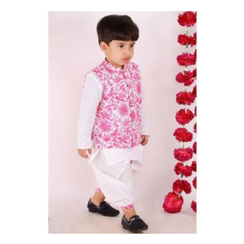 Little Bansi Boys Pink and White Color Bengali Kantha work floral Jacket with Kurta and Dhoti