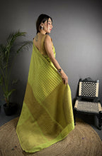 Joban Fashion Light Green Banarasi Soft Lichi Silk Checks & Woven Saree - Distacart