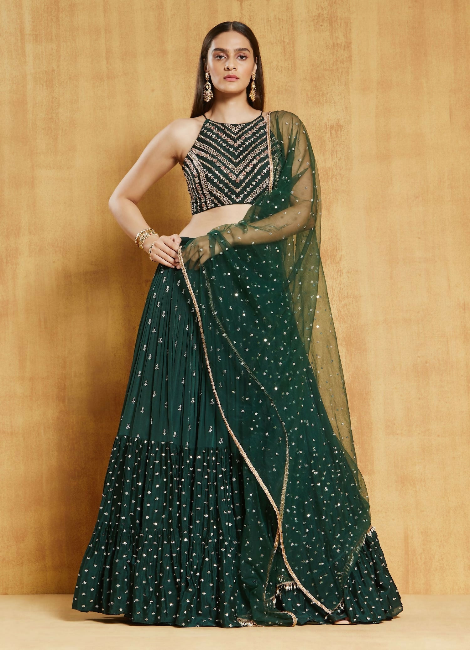 Jyoti Fashion Bottle Green Sequence Embroidery Georgette Designer Lehenga Choli with Dupatta