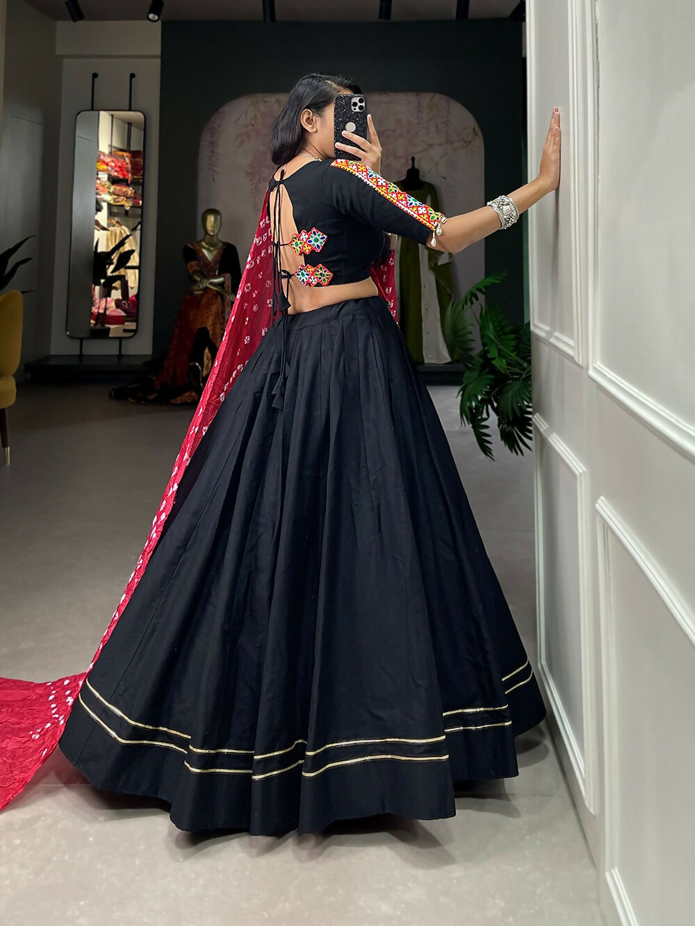 Vastranavya Navaratri Special Pure Cotton Plain With Gotta Patti Touch Up Lehenga Stitched Choli - Black