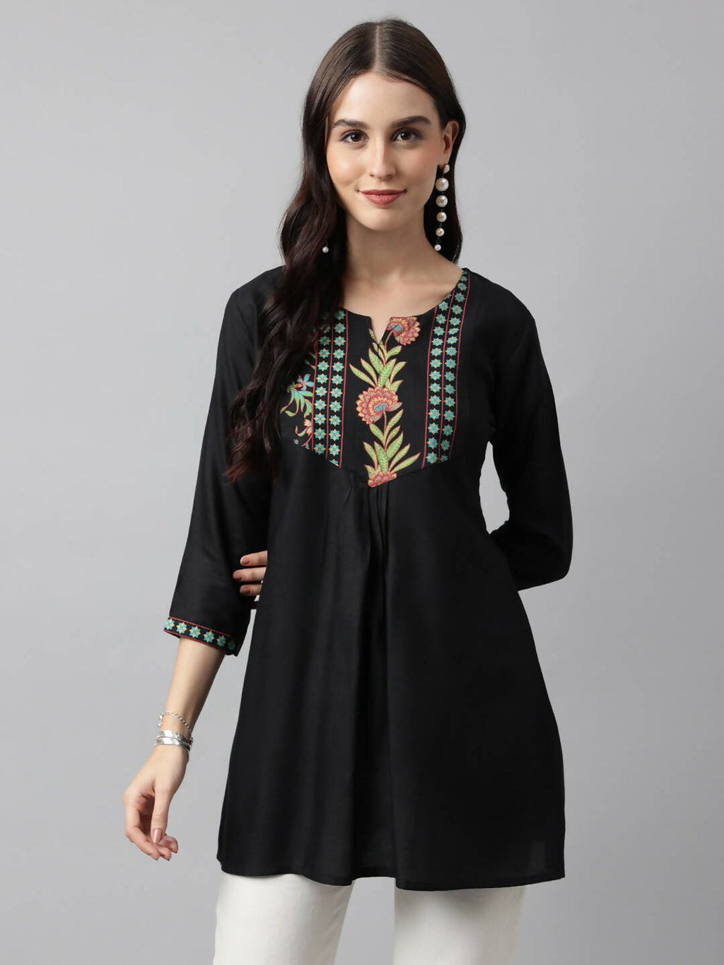 Black Poly Cotton Yoke Printed A-line Top - Bosky