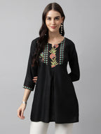 Black Poly Cotton Yoke Printed A-line Top - Bosky