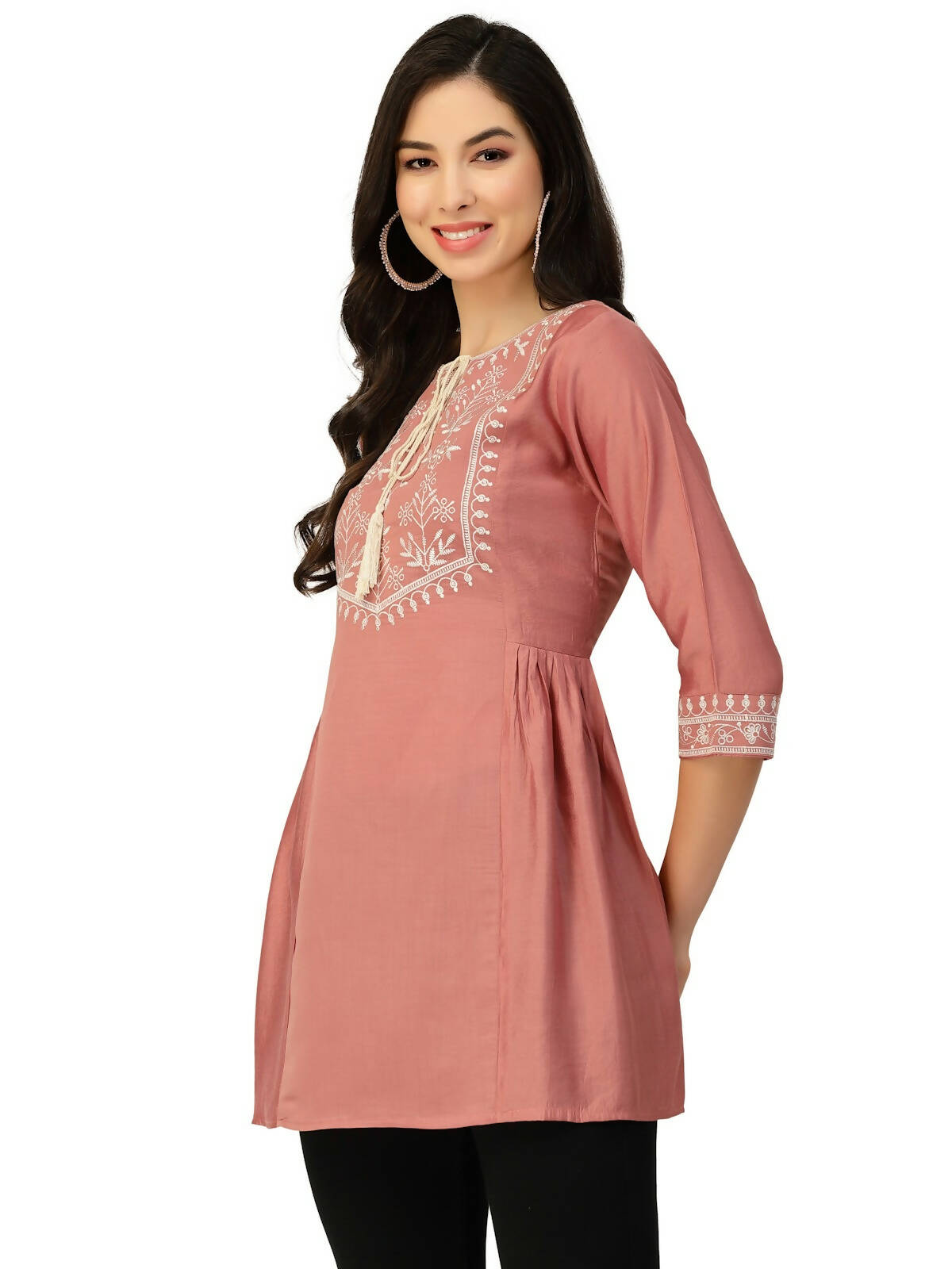 Peach Chinon Slub Floral Embroidered Top - Zeny