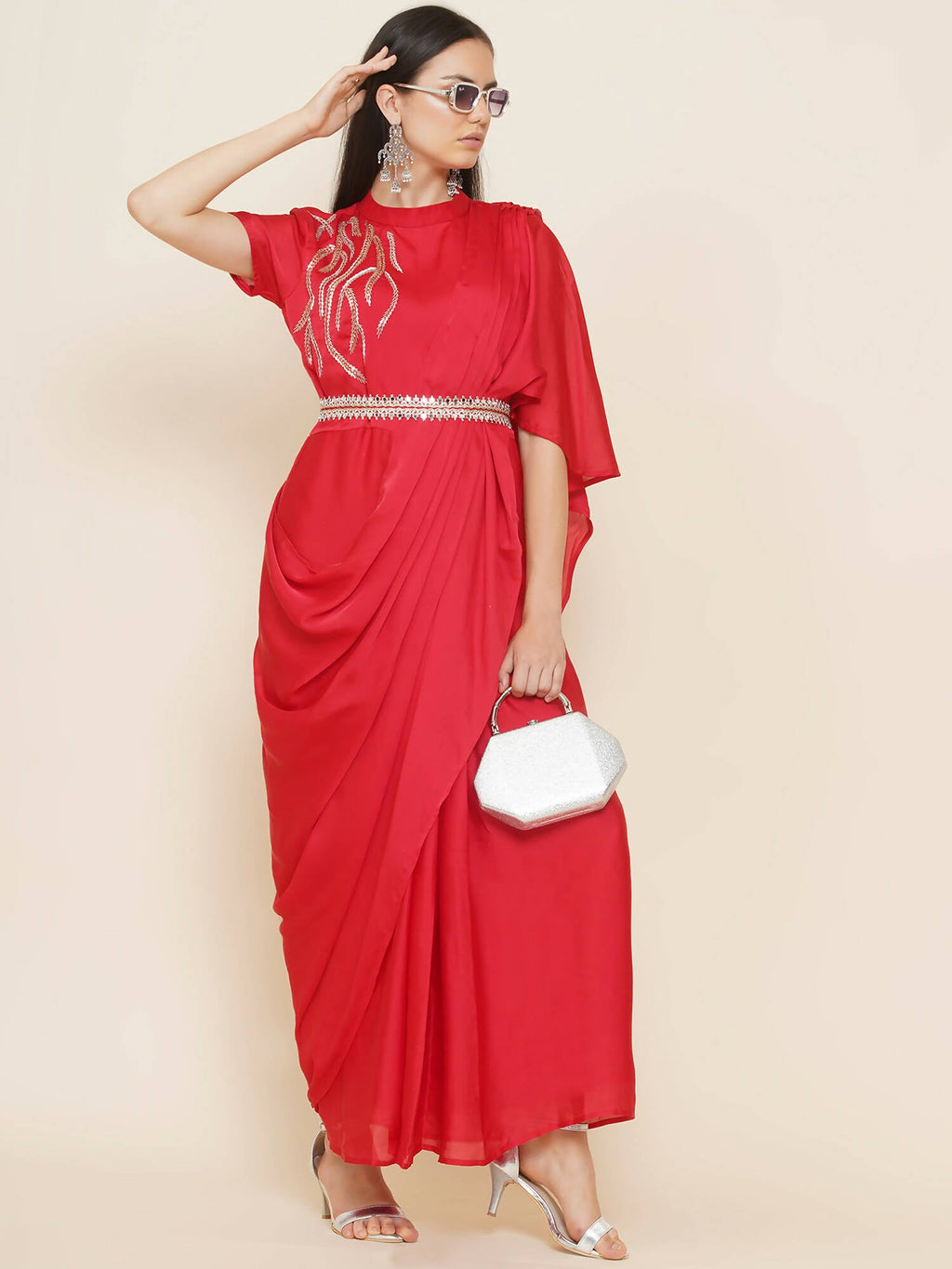 Women Republic Red Hand Embelleshed Gown With Drape - Distacart