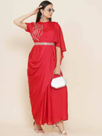 Women Republic Red Hand Embelleshed Gown With Drape - Distacart