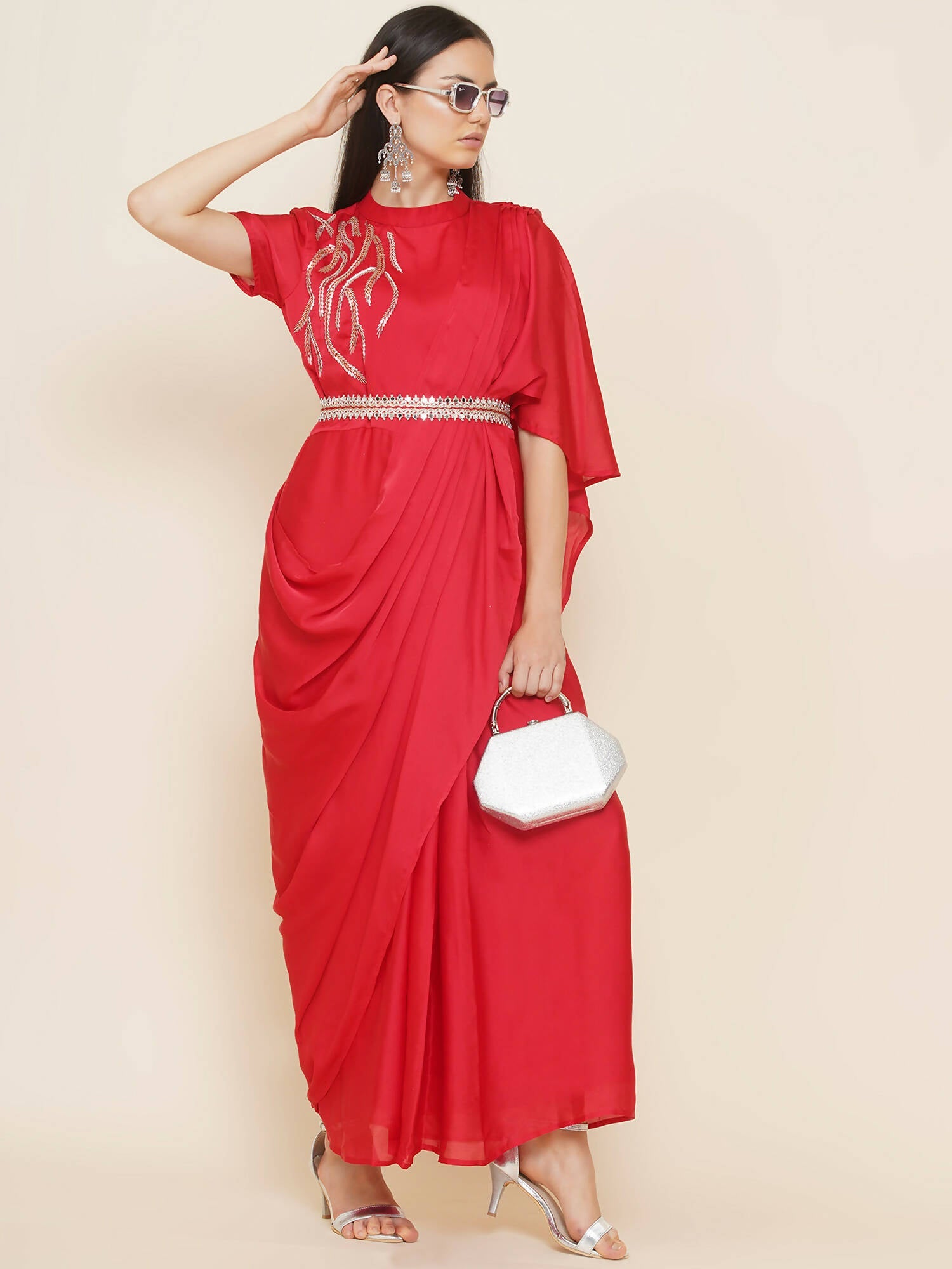 Women Republic Red Hand Embelleshed Gown With Drape - Distacart