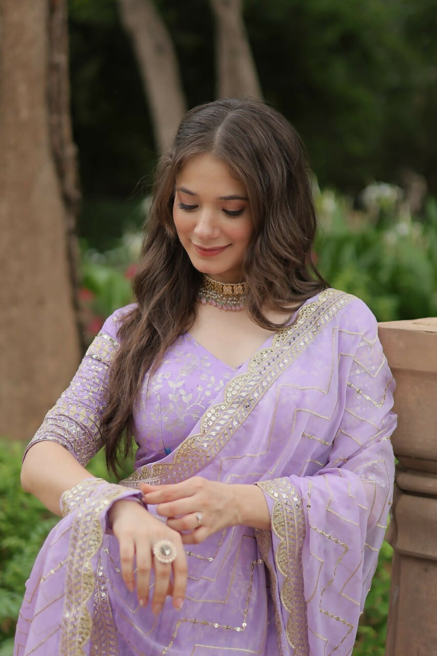 Lorenvalley Lavender Pure Viscose Jacquard with Golden Embroidered Sequins work Lehenga Choli