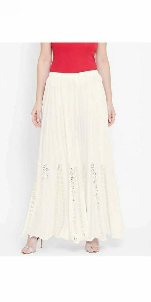 Mominos Fashion White Mirror Flower Work Palazzo