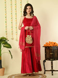 Myshka Women's Pink Velvet Kurti & Sharara With Dupatta Party Sets