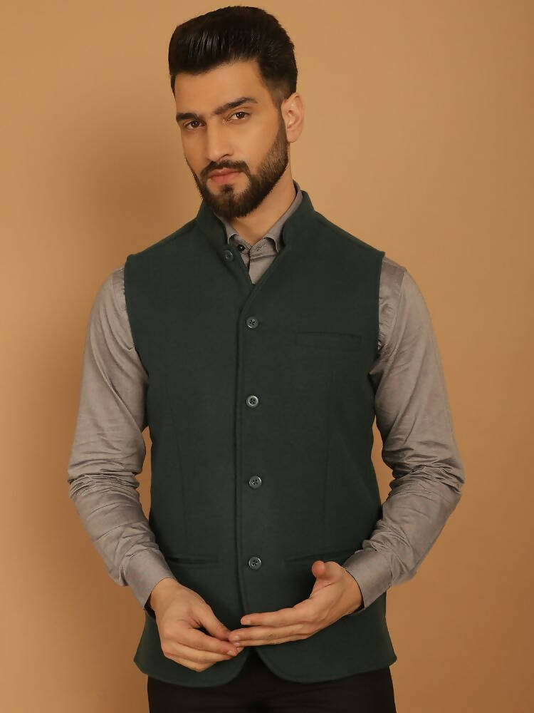 Even Apparels Pure Wool Nehru Jacket - Green