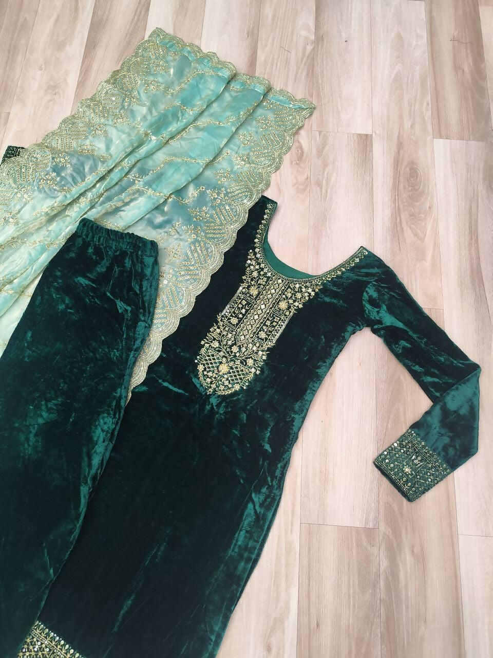 Vastranavya Green Velvet With Rich Sequins & Zari Embroidered Work Top-Bottom With Dupatta - Distacart