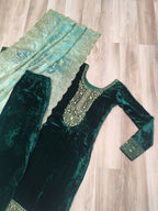Vastranavya Green Velvet With Rich Sequins & Zari Embroidered Work Top-Bottom With Dupatta - Distacart