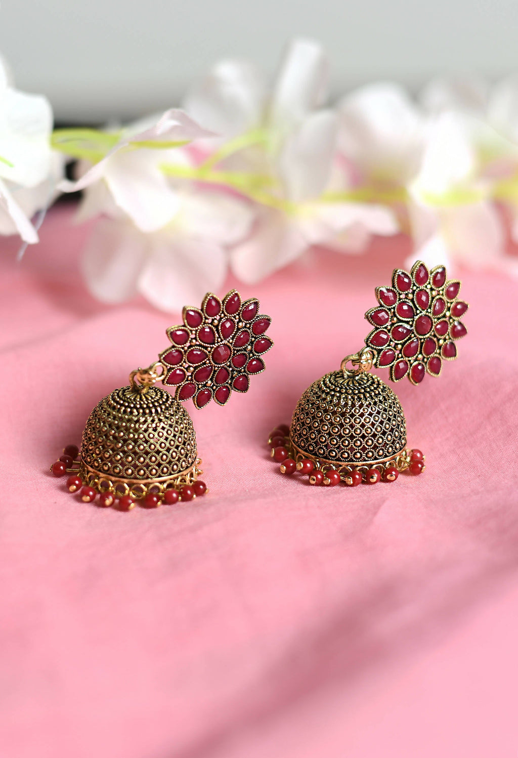 Mominos Fashion Joharkamal Kundan work Jhumka with Maroon Beads - Distacart