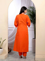 Miravan Women's Orange Cotton Embroidered A-Line Kurta And Palazzo With Dupatta Set