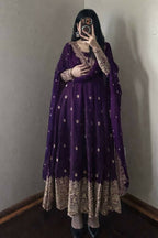 Teeya Creation Purple Fendi Silk Designer Heavy Work Wedding Wear Long Gown