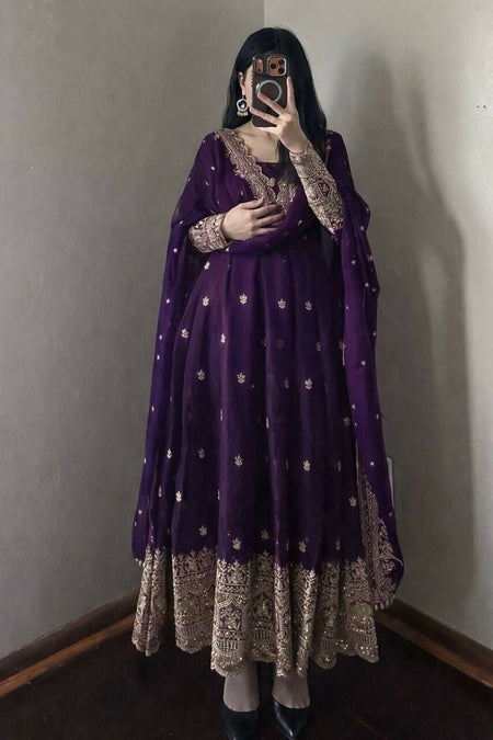 Teeya Creation Purple Fendi Silk Designer Heavy Work Wedding Wear Long Gown