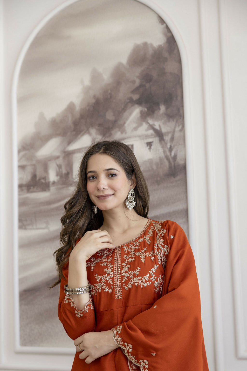 The52 Orange Women's Beautiful Vichitra Silk Fabric Embroidered Work Flared Anarkali Pant and Dupatta Set - Distacart