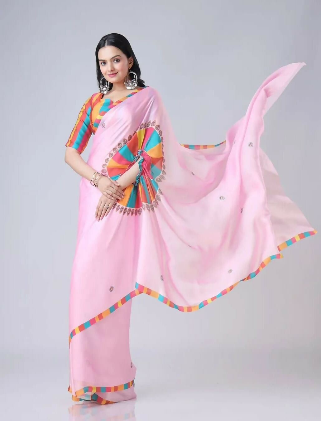 Vastranavya Baby Pink Ready to Wear Festive Print Free Hand Saree