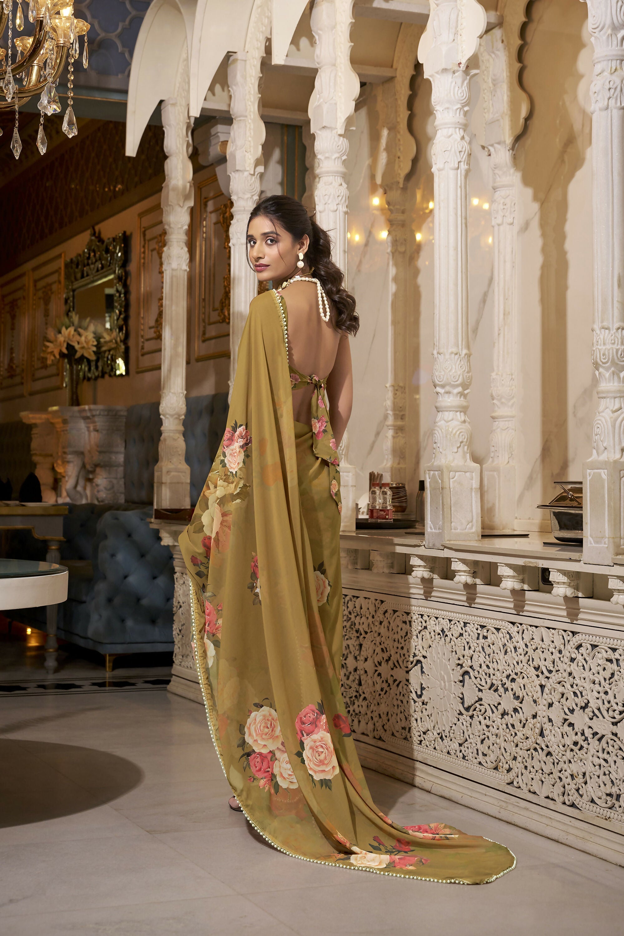 Vastranavya Brown Spectacular Georgette Printed with Pearl Lace Saree with Unstitched Blouse - Distacart