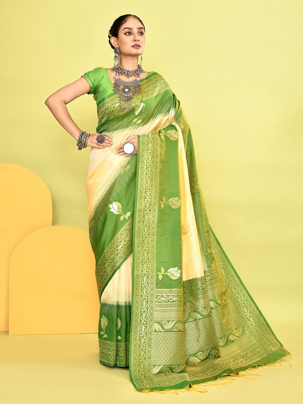 Joban Fashion Light Yellow & Parrot Green Plain With Weaving Border Banarasi Silk Sarees