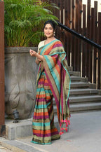 Beatitude Multicolor Cotton Stripes Golden Zari Saree