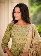 Yufta Women Green Floral Printed Pure Cotton Anarkali Kurta with Trouser and Dupatta