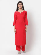 Myshka Red Cotton Solid 3/4 Sleeve Square Neck Casual Kurta Pant Dupatta Set