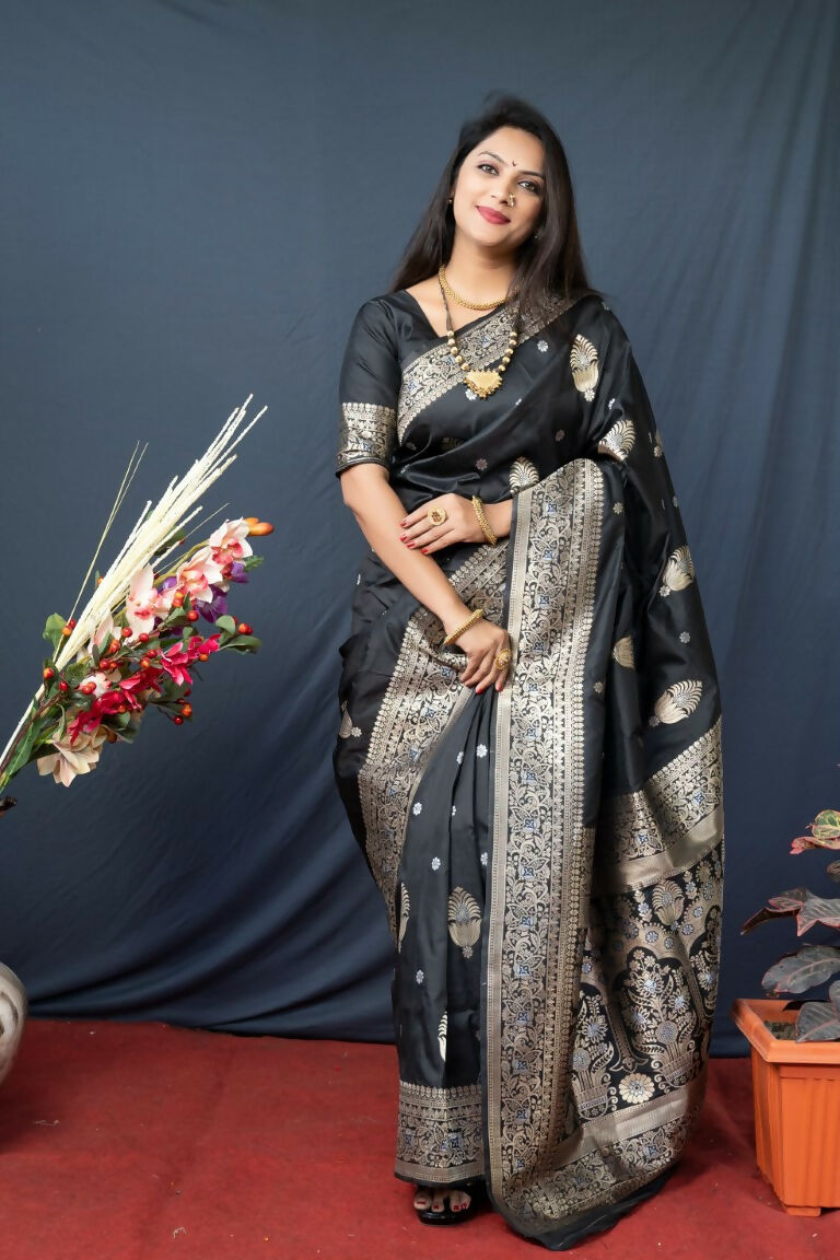 Jyoti Fashion Women's Black Paithani Silk Zari Woven Saree with Blouse - Distacart