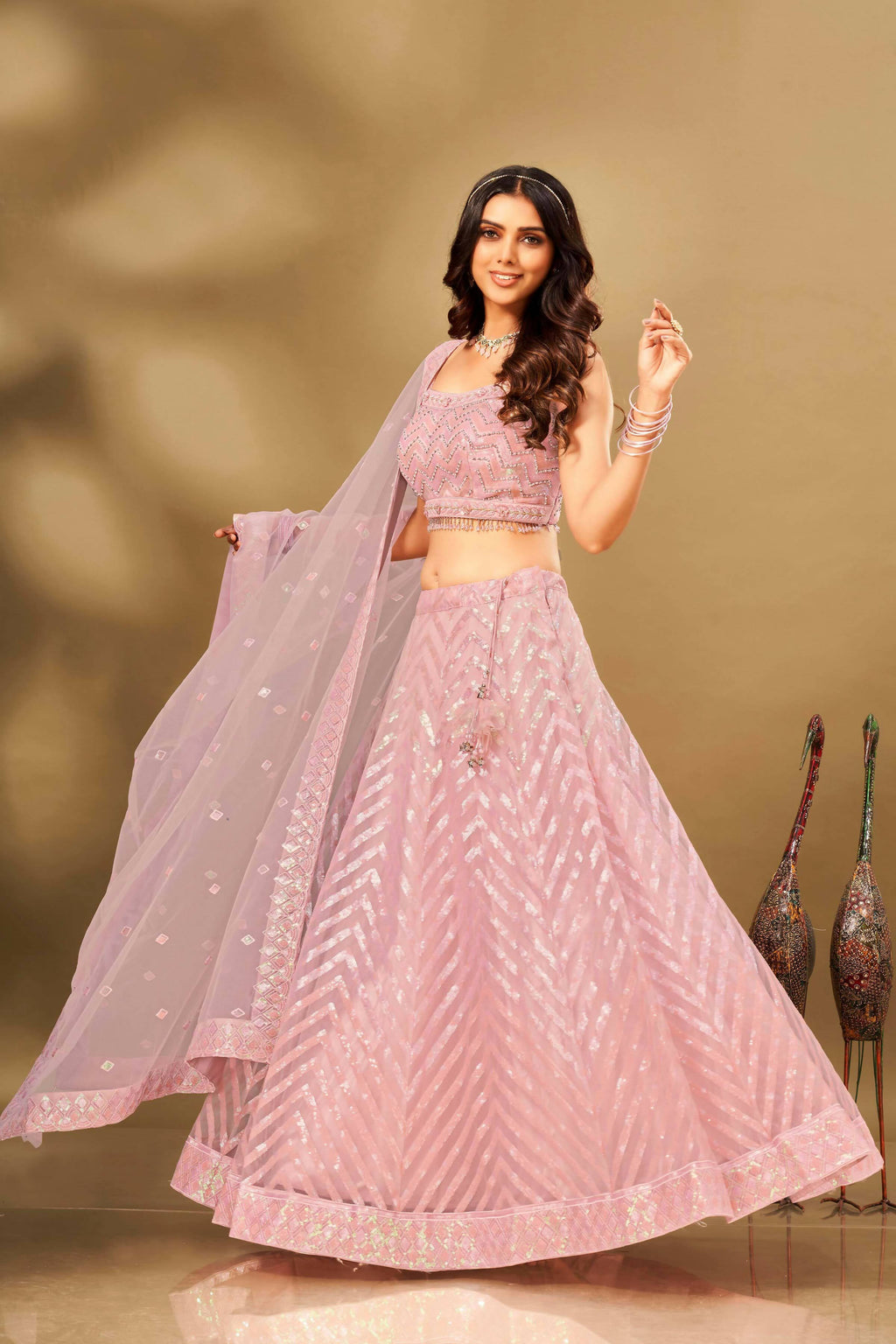 Pink Net Sequence work Lehenga Choli with Dupatta - Dhvani