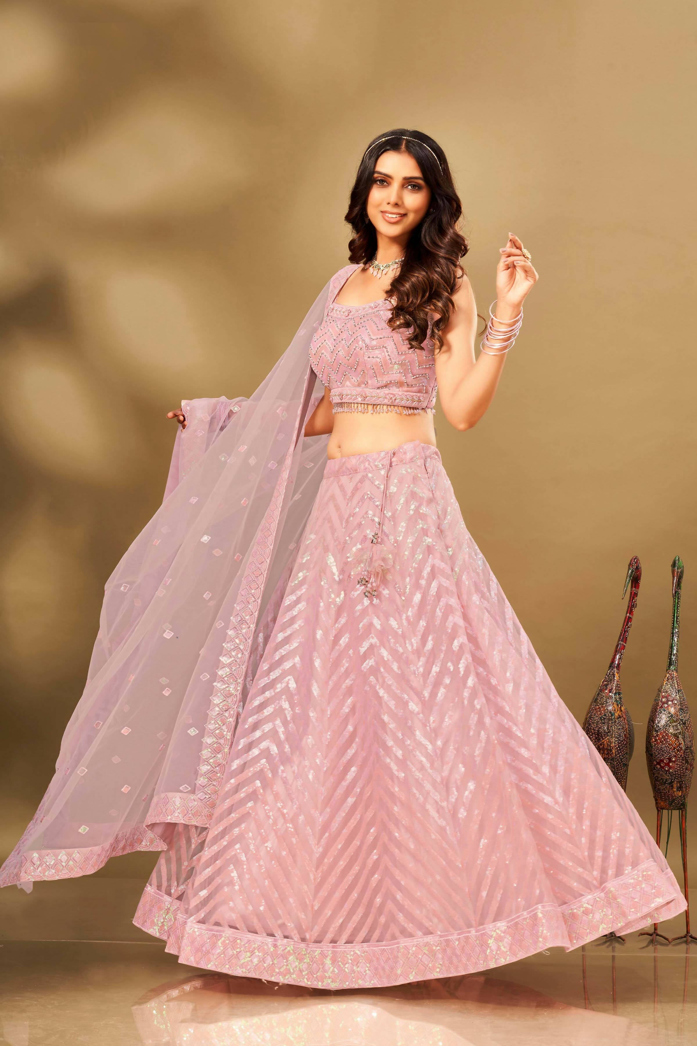 Pink Net Sequence work Lehenga Choli with Dupatta - Dhvani