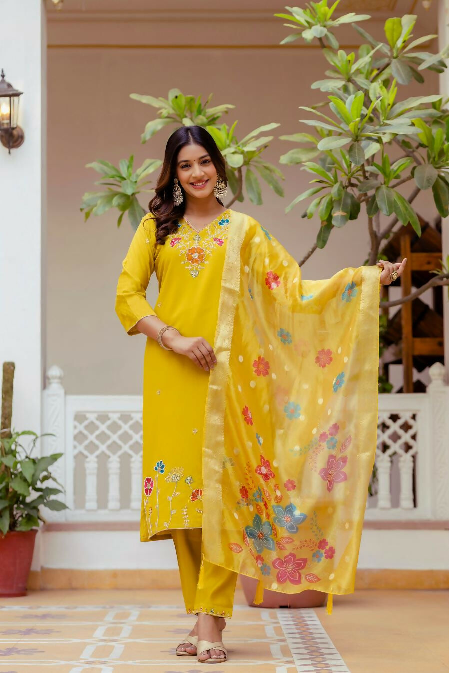The52 Yellow Women's Gorgeous Embroidered work Viscose Gadhwal Fabric Straight Kurta, Pant and Dupatta Set - Distacart