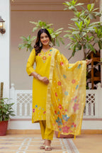 The52 Yellow Women's Gorgeous Embroidered work Viscose Gadhwal Fabric Straight Kurta, Pant and Dupatta Set - Distacart