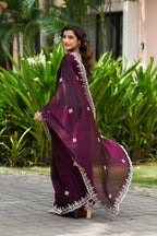 Vastranavya Wine Embroidery Work Shimmer Chiffon Saree with Unstitched Blouse - Distacart