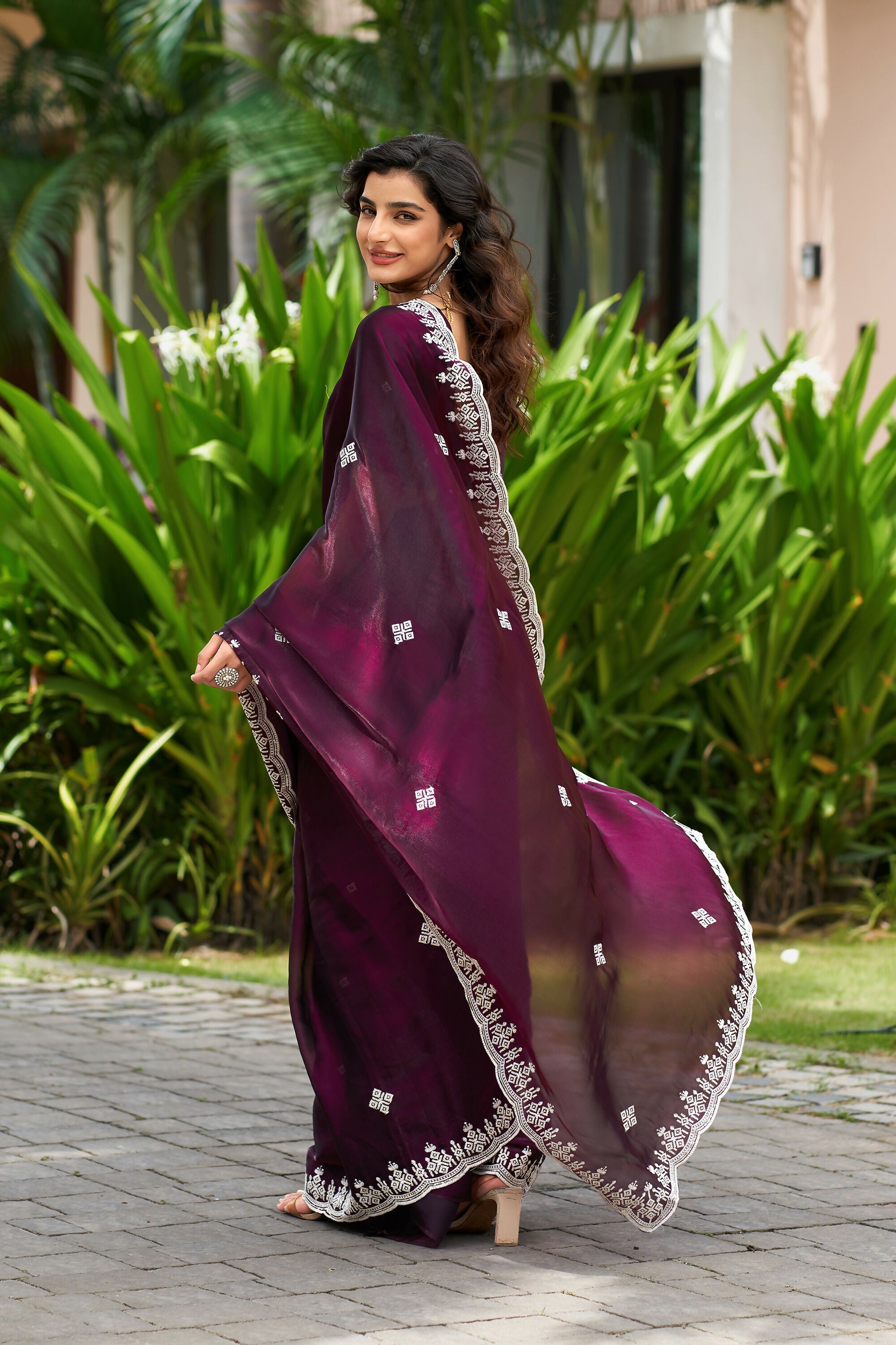 Vastranavya Wine Embroidery Work Shimmer Chiffon Saree with Unstitched Blouse - Distacart