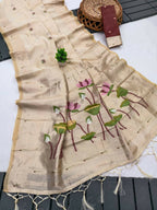 Vastranavya Cream Muga Cotton Meenakari & Munia Weaving Pallu Saree with Contrast Blouse - Distacart