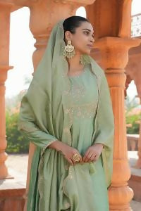 The52 Women's Beautiful Vichitra Silk Fabric Embroidery Work Flared Anarkali Pant and Dupatta Set - Distacart