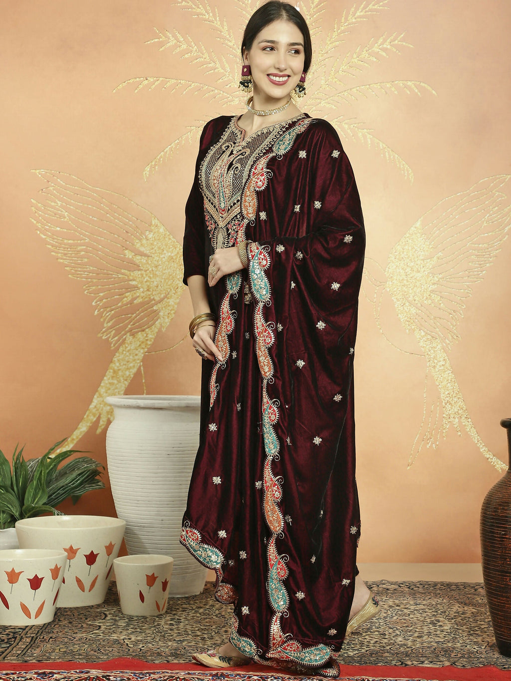 Jyoti Fashion Women's Maroon Velvet Cording with Resham Thread & Sequin Kurta with Trouser & Dupatta