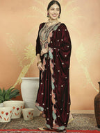 Jyoti Fashion Women's Maroon Velvet Cording with Resham Thread & Sequin Kurta with Trouser & Dupatta