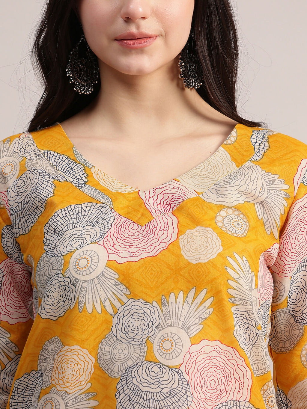 Aavyora Women Yellow Floral Printed Kurta with Striped Pants & Dupatta Set