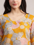 Aavyora Women Yellow Floral Printed Kurta with Striped Pants & Dupatta Set