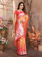 Anaita Orange kochi Silk With Beautiful Checks Weaving Saree With Blouse