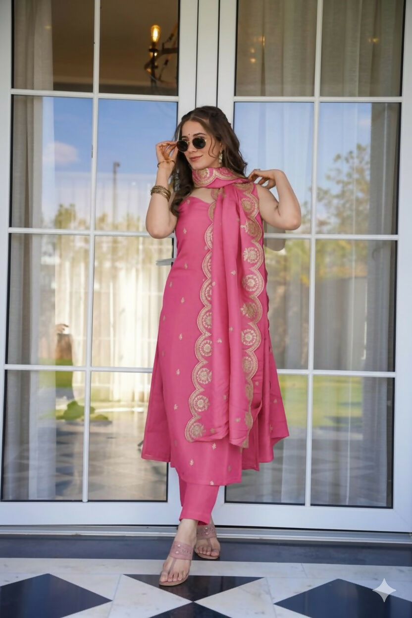 The52 Peach Women's Viscose Zari Chanderi Fabric Embroidered Work Straight Kurta, Pant and Dupatta Set - Distacart