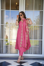 The52 Peach Women's Viscose Zari Chanderi Fabric Embroidered Work Straight Kurta, Pant and Dupatta Set - Distacart