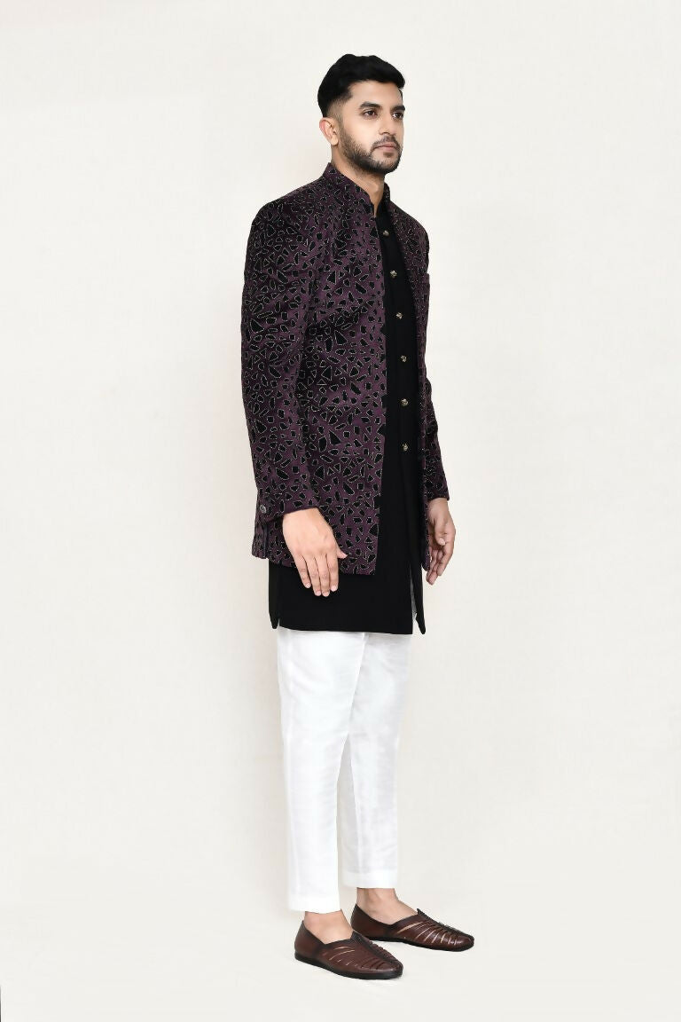 Joban Fashion Black Colored Velvet Based With Aplics Fabric Open Jacket, Indo Western With Pant