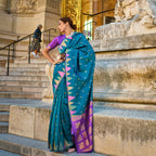 Navy Blue Handloom Khaddi Silk Saree With Contrast Pallu & Blouse - Rajtex Khwaab Silk