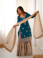 Lehenga Mart Designer Sharara Suit With Kurta, Sharara, Dupatta For Women-Teal Blue - Distacart